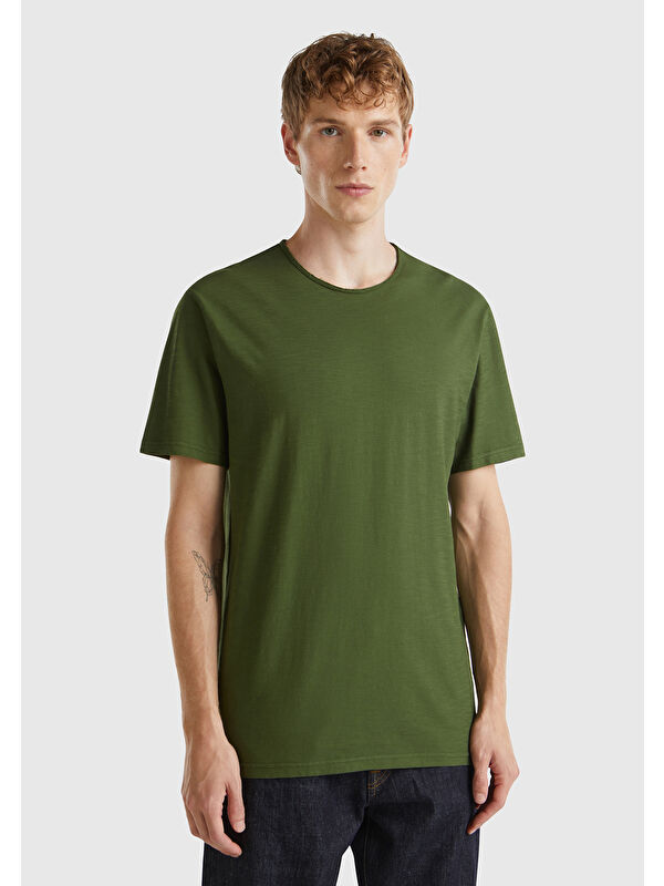 United Colors Of Benetton Erkek Yeşil Bisiklet Yaka Slub Tişört