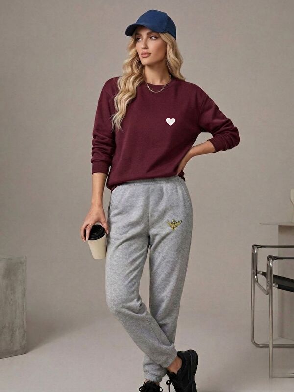 Trendseninle Bordo Gri Kalp+Golden Wing Baskılı Oversize Eşofman Takımı