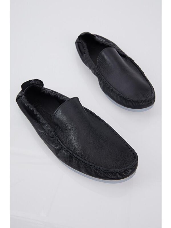 Erkek Siyah Arkası Lastikli Rahat Kalıp Hakiki Deri Loafer - Görsel 3