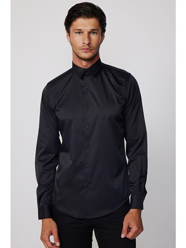 TUDORS Slim Fit Elastanlı Düz Stretch Siyah Erkek Gömlek