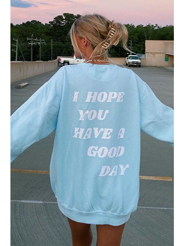Madmext Mavi Sırt Baskılı Sweatshirt Mg1219