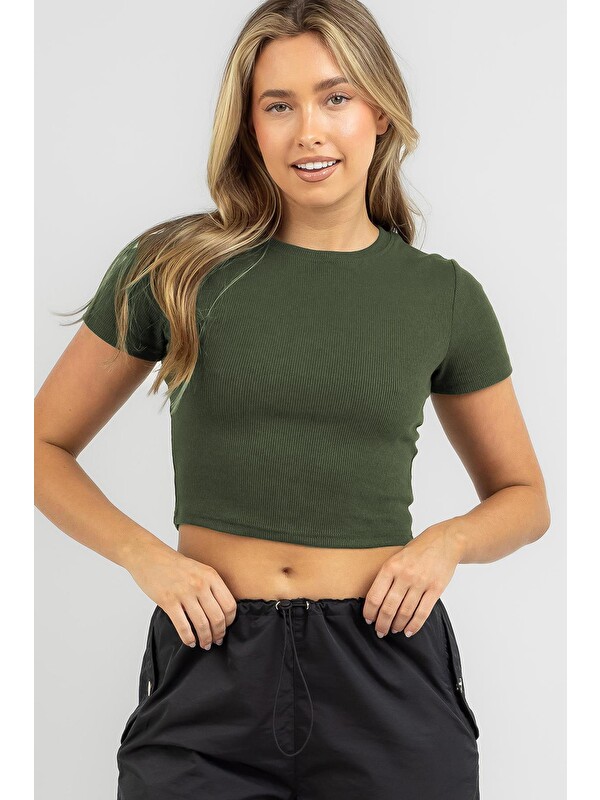 Madmext Haki Basic Crop Kadın Tişört MG1772