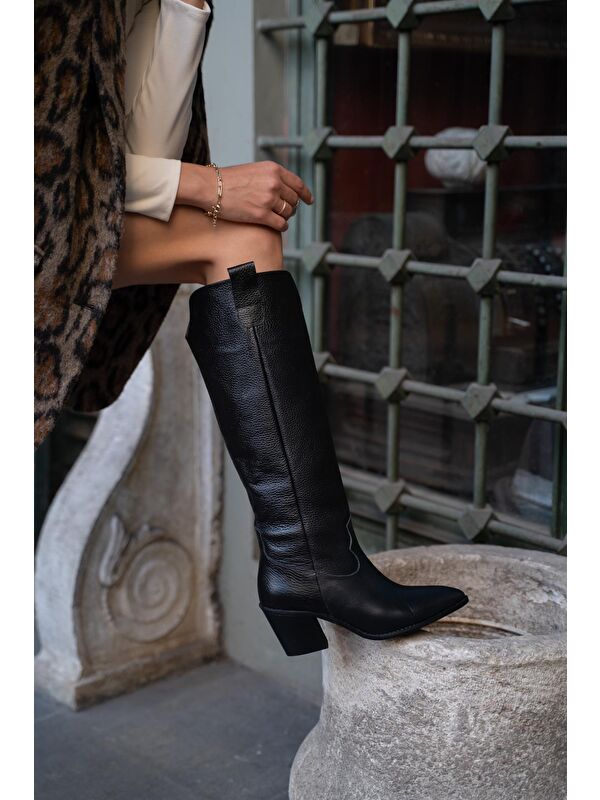 Siyah Kadın Gerçek Deri Topuklu Ve İşlemeli Kovboy Çizme - Görsel 6