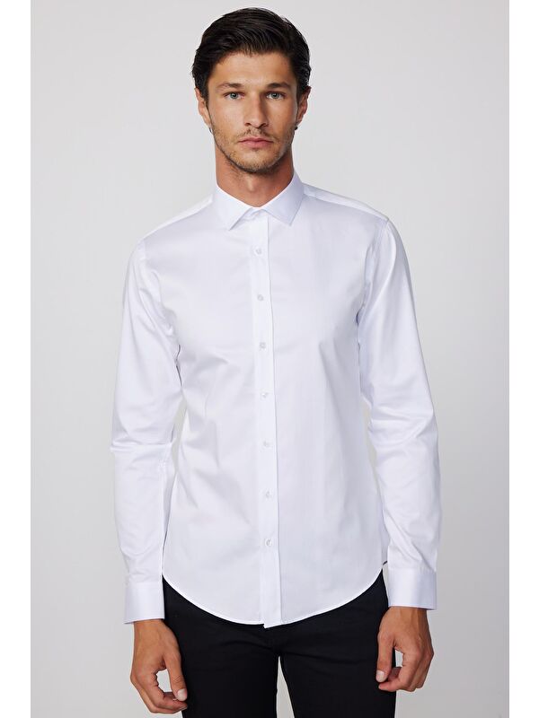 TUDORS Slim Fit Pamuk Saten Erkek Beyaz Gömlek