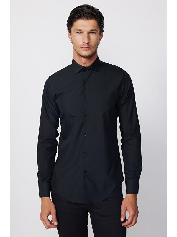 TUDORS Slim Fit Pamuklu Kolay Ütü Siyah Erkek Gömlek