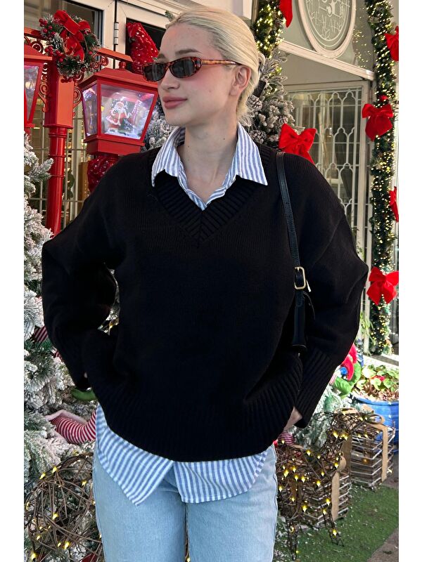 Madmext Siyah V Yaka Oversize Kadın Triko Kazak Mg2149