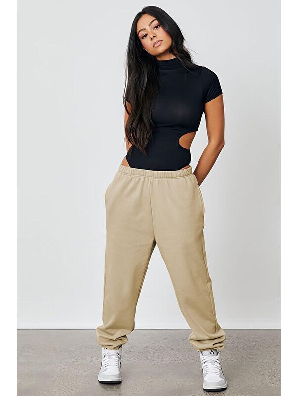 Madmext Kadın Bej Beli Lastikli Oversize Eşofman Altı Mg1235