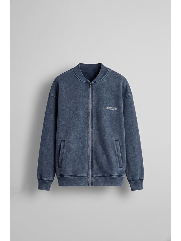 Abluka Online Oversize Yıkamalı Erkek Fermuarlı Sweatshirt Hırka Lacivert
