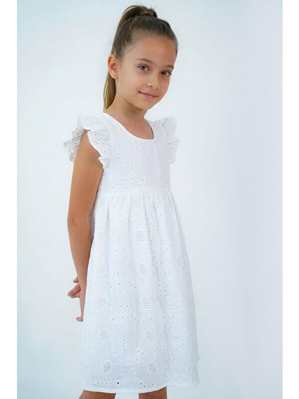 Breeze Kız Çocuk Dantel Elbise Çiçek Nakışlı Arka Kısmı Fermuarlı Ekru (5-10 Yaş)