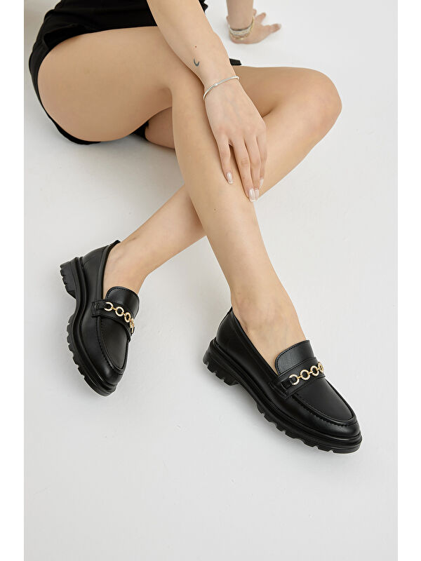 Tonny Black Siyah Tonny Black Kalin Poli Kadın Taban Zincir Aksesuarlı Günlük Loafer