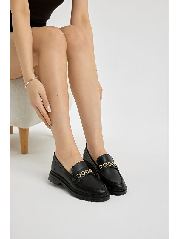 Tonny Black Siyah Tonny Black Kalin Poli Kadın Taban Zincir Aksesuarlı Günlük Loafer