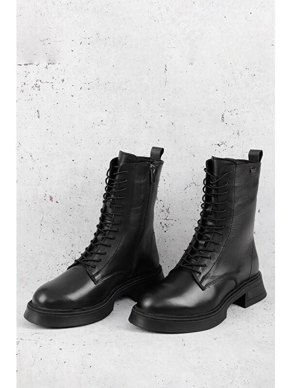 SİYAH Hakiki Deri Yuvarlak Burun Termo Taban Bağcıklı Fermuarlı Kadın Günlük Postal Bot 51455 - Görsel 3