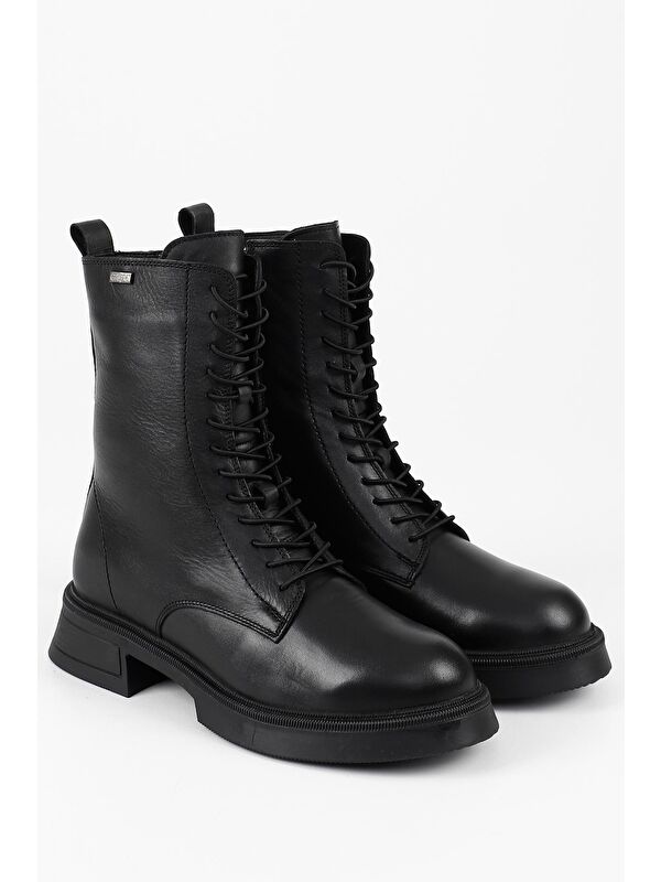 SİYAH Hakiki Deri Yuvarlak Burun Termo Taban Bağcıklı Fermuarlı Kadın Günlük Postal Bot 51455 - Görsel 5