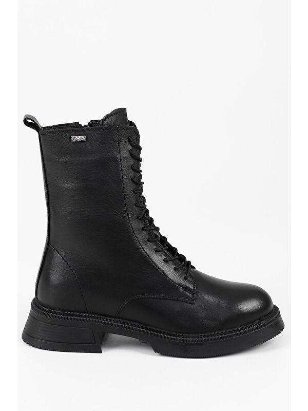 SİYAH Hakiki Deri Yuvarlak Burun Termo Taban Bağcıklı Fermuarlı Kadın Günlük Postal Bot 51455 - Görsel 6