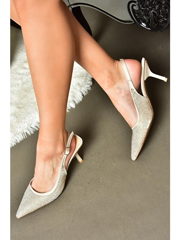 P820262004 Bej Kumaş Taşlı İnce Topuklu Kadın Abiye Ayakkabı - Görsel 3