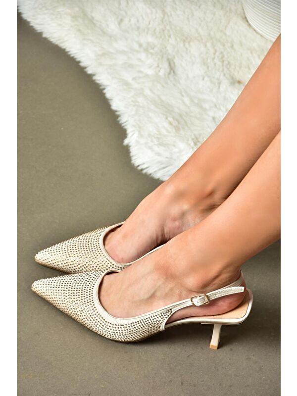 P820262004 Bej Kumaş Taşlı İnce Topuklu Kadın Abiye Ayakkabı - Görsel 4