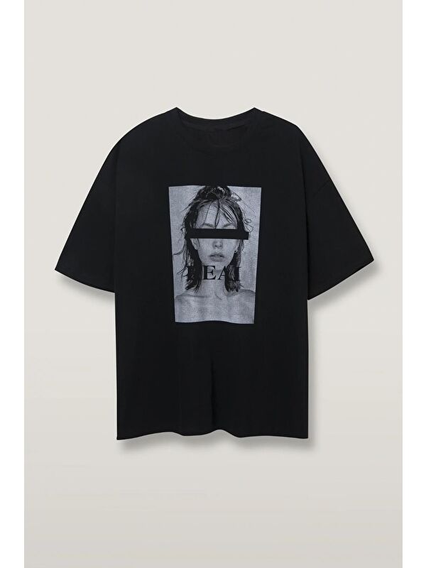 Madmext Siyah Oversize Baskılı Kadın Tişört Mg1764