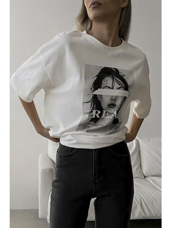 Madmext Ekru Oversize Baskılı Kadın Tişört Mg1764