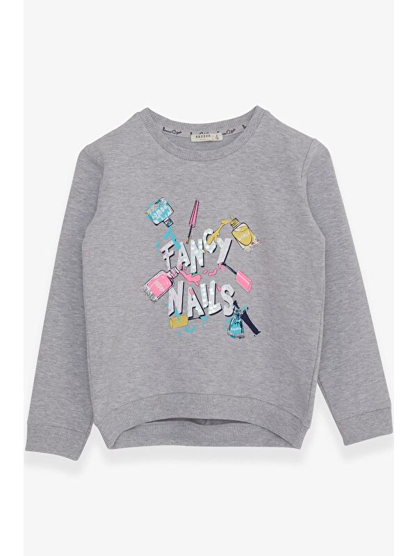 Breeze Kız Çocuk Sweatshirt Renkli Oje Baskılı Gri Melanj (6-12 Yaş)