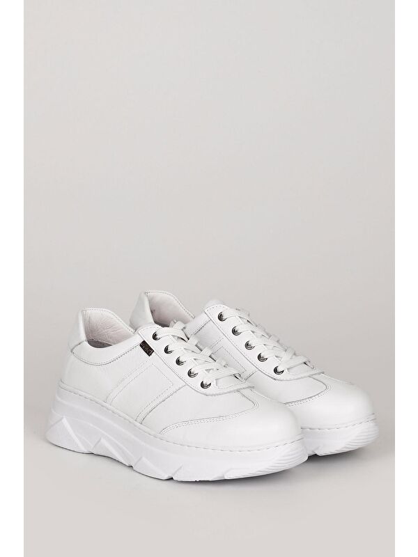 Hakiki Deri Yuvarlak Burun Dolgu Taban Bağcıklı Kadın Sneaker 24186 - Görsel 6