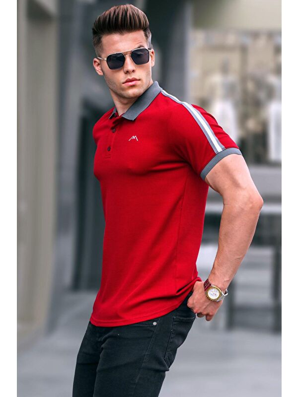 Madmext Bordo Kol Şeritli Polo Yaka Tişört 5888