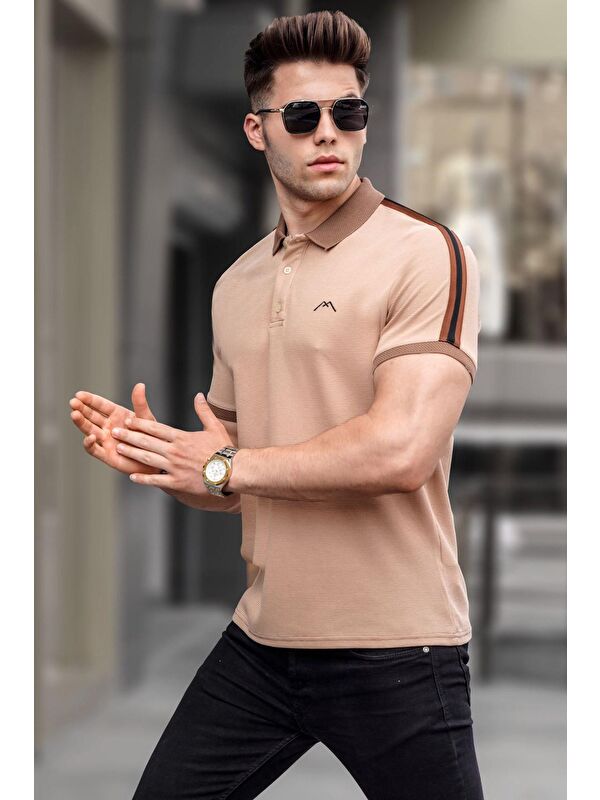 Madmext Bej Kol Şeritli Polo Yaka Tişört 5888