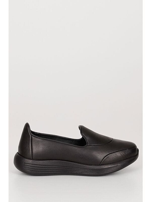 SİYAH Hakiki Deri Yuvarlak Burun Dolgu Taban Kadın Günlük Ayakkabı 42110 - Görsel 5