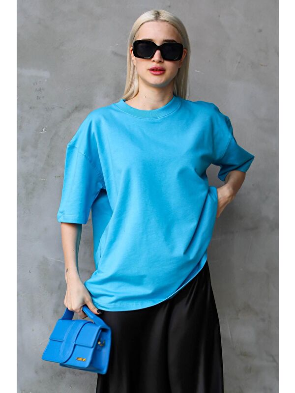 Madmext Mavi Bisiklet Yaka Basic Oversize Tişört MG1687