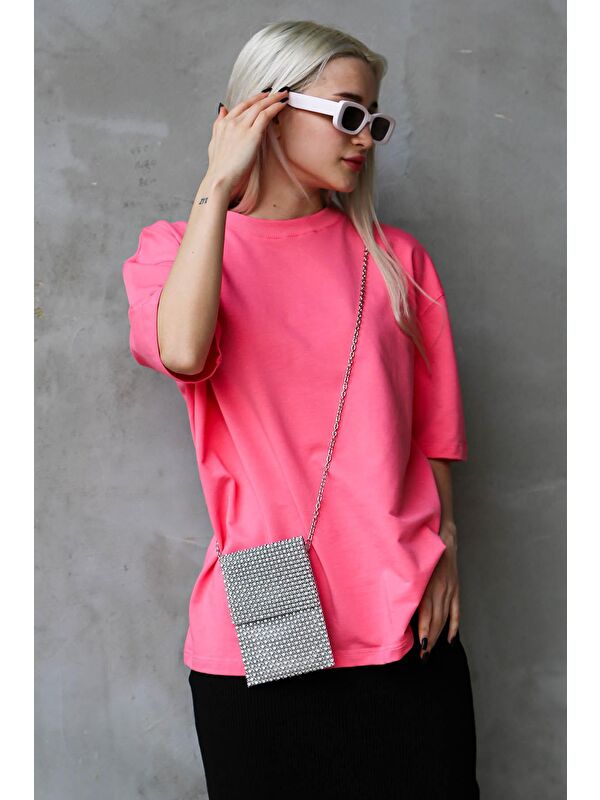 Madmext Pembe Bisiklet Yaka Basic Oversize Tişört Mg1687