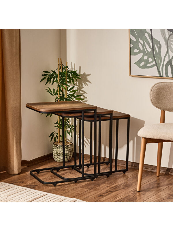 Just Home Metal Ayaklı Tekerlekli C Zigon Sehpa - Barok Ceviz - 62x48x41 cm