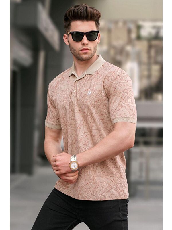 Madmext Bej Desenli Polo Yaka Tişört 5876