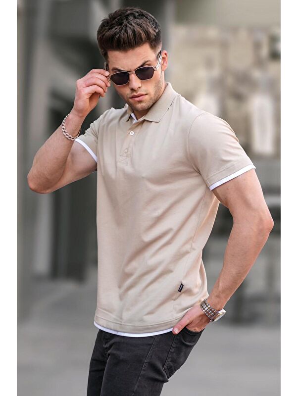 Madmext Bej Basic Polo Yaka Tişört 5885