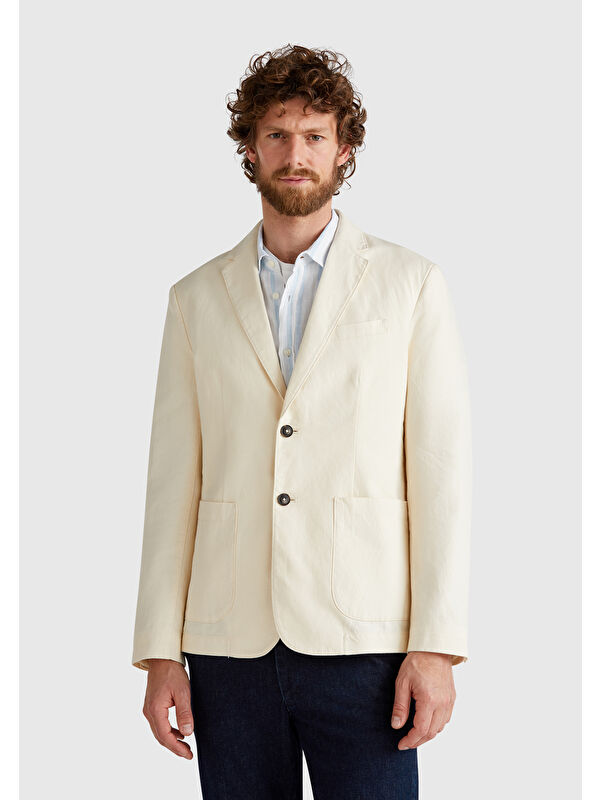 United Colors Of Benetton Erkek Bej Keten Karışımlı Biyeli Cep Detaylı Çift Düğmeli Blazer Ceket