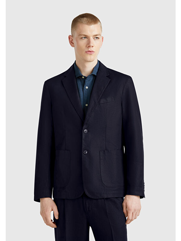United Colors Of Benetton Erkek Koyu Lacivert Keten Karışımlı Biyeli Cep Detaylı Çift Düğmeli Blazer Ceket