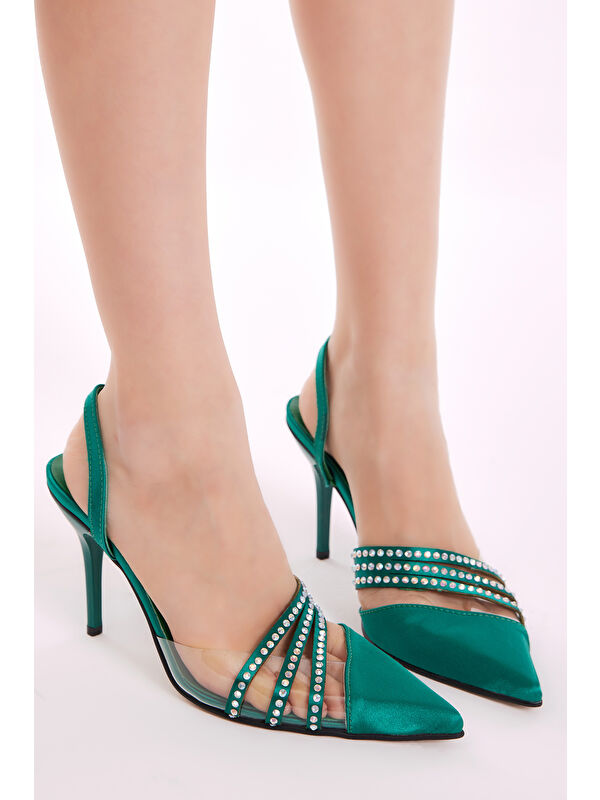 Tonny Black Yeşil Tonny Black Gecce Serisi Kadın Taş İşlemeli Sivri Burunlu Topuklu Ayakkabı