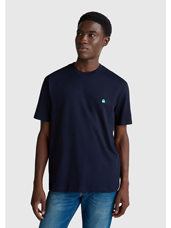 United Colors Of Benetton Erkek Lacivert  100 Pamuk Benetton Logolu Bisiklet Yaka %100 Pamuk Tişört