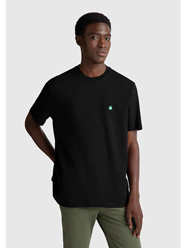 United Colors Of Benetton Erkek Siyah  100 Pamuk Benetton Logolu Bisiklet Yaka %100 Pamuk Tişört