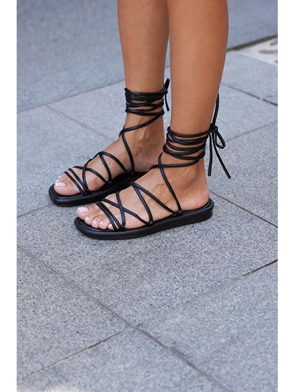 Sarma Bağcıklı Puf Sandalet Siyah - Görsel 6