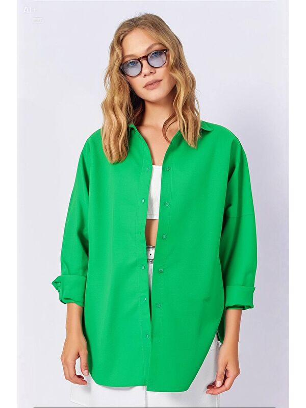 Hazelin Kadın Koyu Yeşil Oversize Uzun Basic Gömlek HZL22W-BD139001