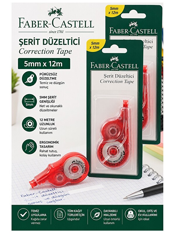 Artlantis Şerit Daksil Beyaz 5mmx12 Metre 2 Adet Faber Castell Şerit Düzeltici Şerit Silici Yazı Silici Büro