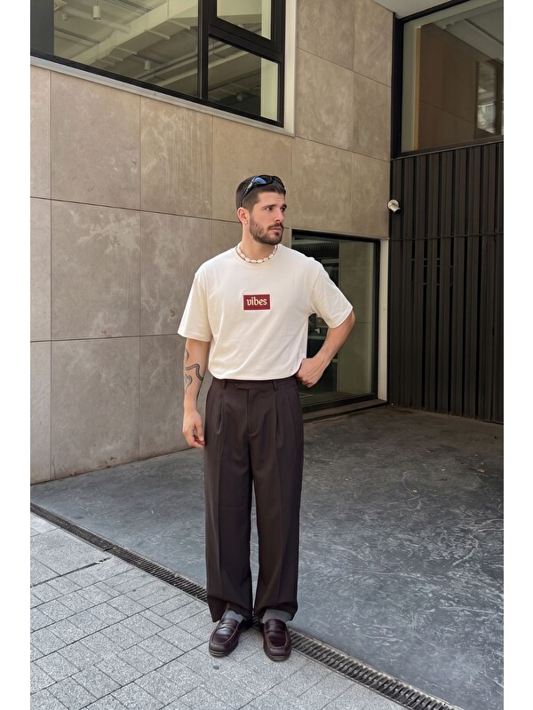 gothamVibes Erkek Relaxed 003 Oversize Krem Tişört