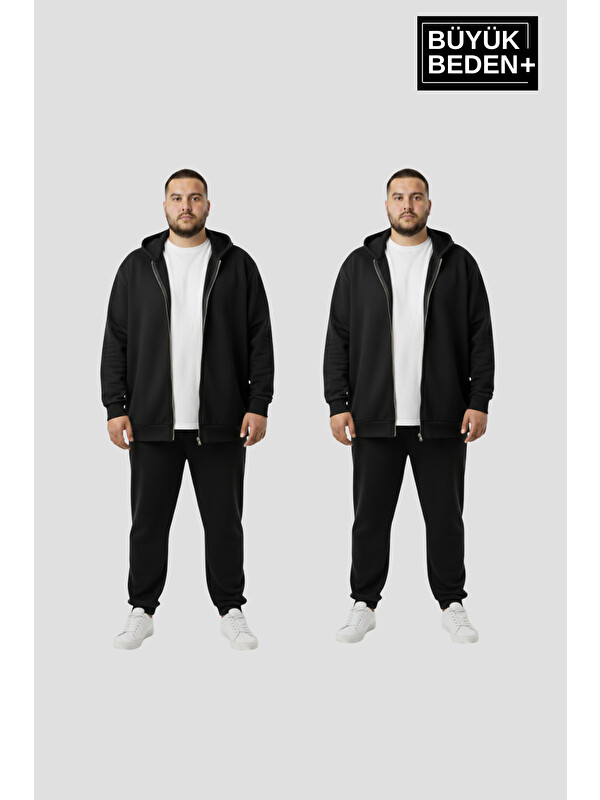 Süperlife Büyük Beden Kapüşonlu 2'li Set ince Erkek Fermuarlı Sweatshirt Hırka Rahat Kalıp SPR26BHR960+2