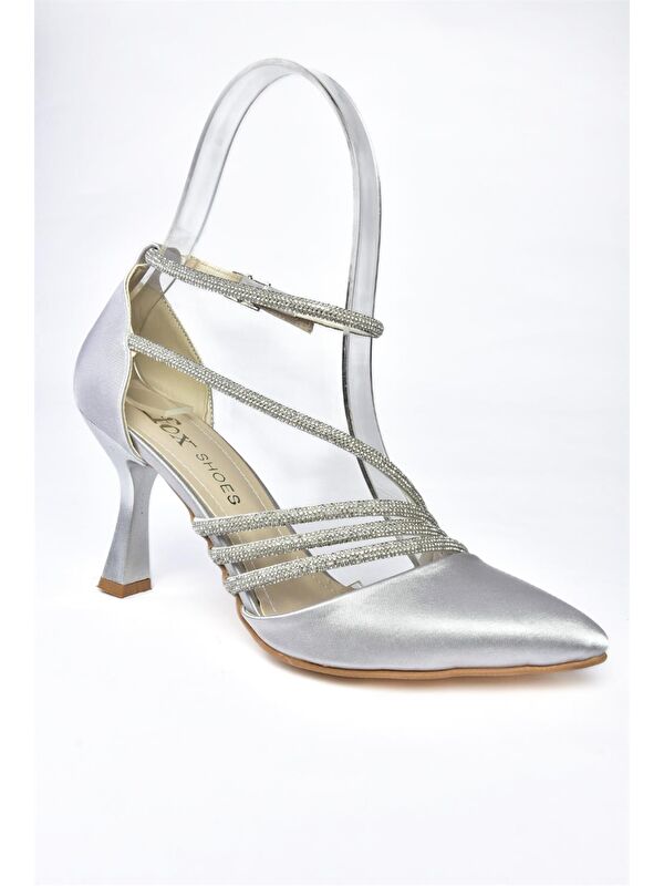 P246065804 Gümüş Saten Kumaş İnce Topuklu Kadın Abiye Ayakkabı - Görsel 6