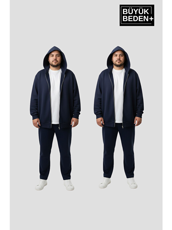 Süperlife Büyük Beden Kapüşonlu 2'li Set ince Erkek Fermuarlı Sweatshirt Hırka Rahat Kalıp SPR26BHR960+2