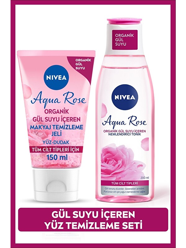 NIVEA Aqua Rose Organik Gül Suyu Yüz ve Makyaj Temizleme Jeli 150ml ve Nemlendirici Tonik 200ml,Arındırıcı