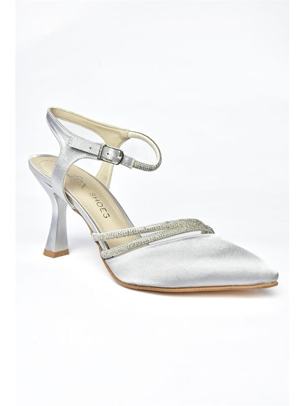 P246065404 Gümüş Saten Kumaş İnce Topuklu Kadın Abiye Ayakkabı - Görsel 5