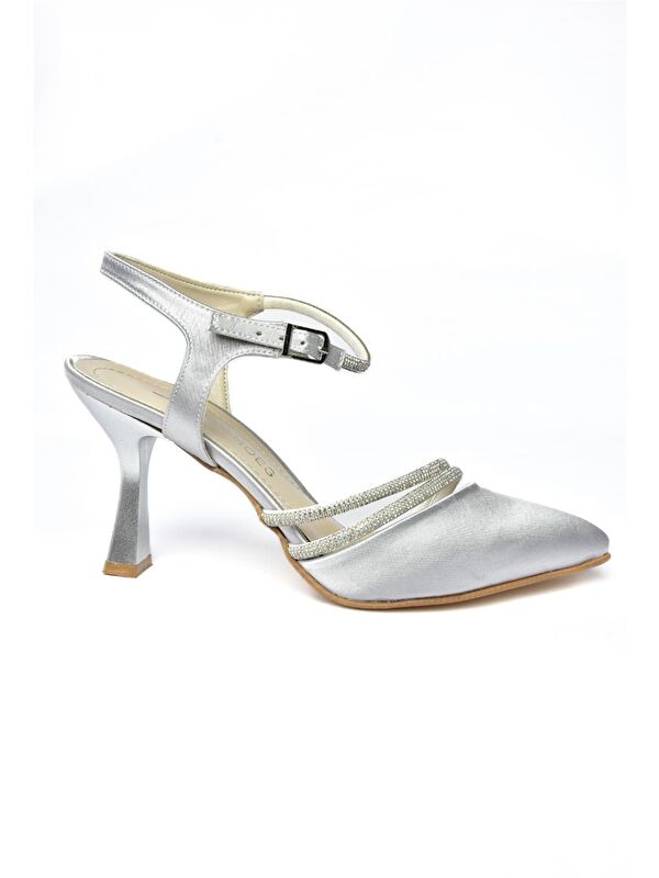 P246065404 Gümüş Saten Kumaş İnce Topuklu Kadın Abiye Ayakkabı - Görsel 6