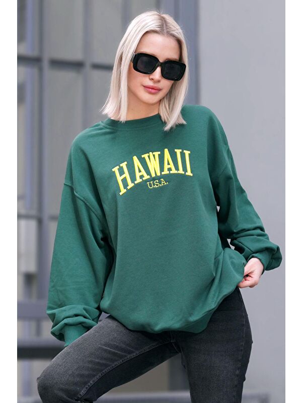 Madmext Yeşil Bisiklet Yaka Baskılı Sweatshirt Mg1922