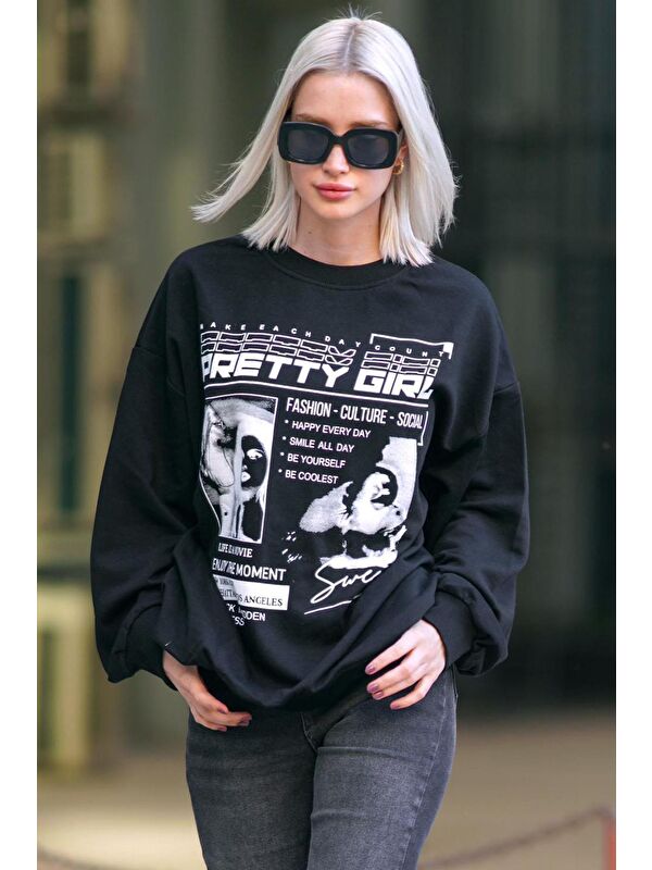 Madmext Siyah Baskılı Oversize Kadın Sweatshirt Mg1923