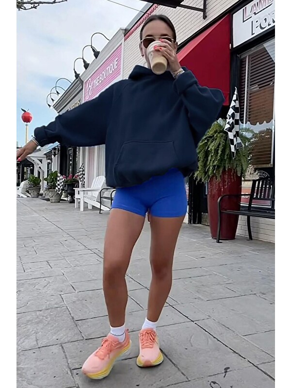 Madmext Lacivert Kapüşonlu Şardonlu Oversize Cepli Sweatshirt Mg2206